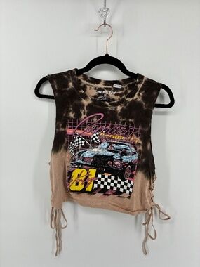 Chemistry Camaro Tie-Dye Racer Graphic Crop Top in Brown, Black, Pink - XL